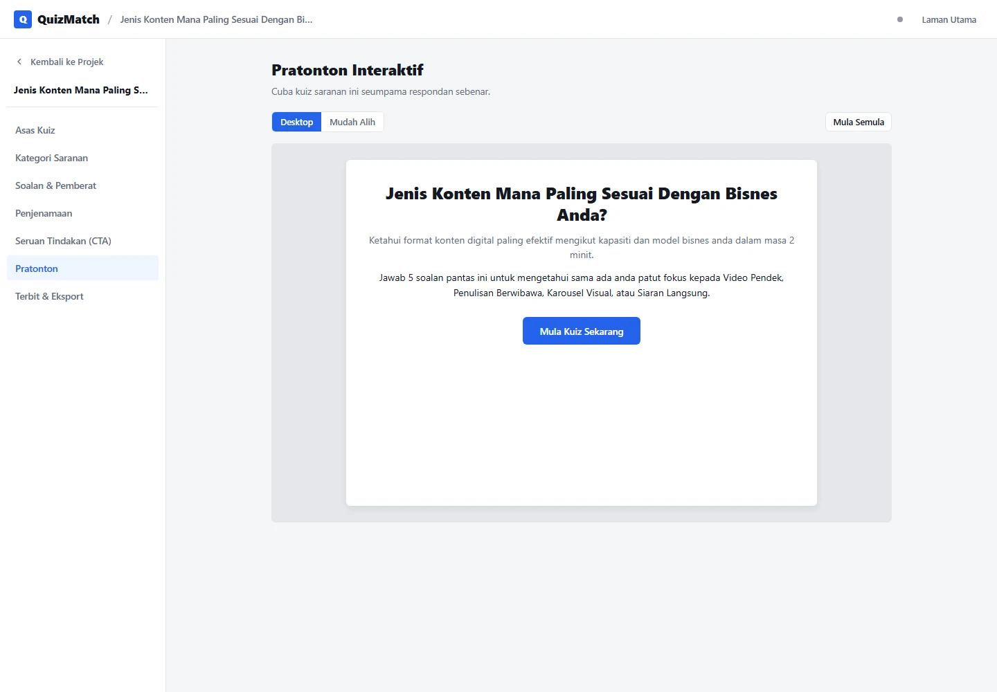 Paparan sebenar quizmatch